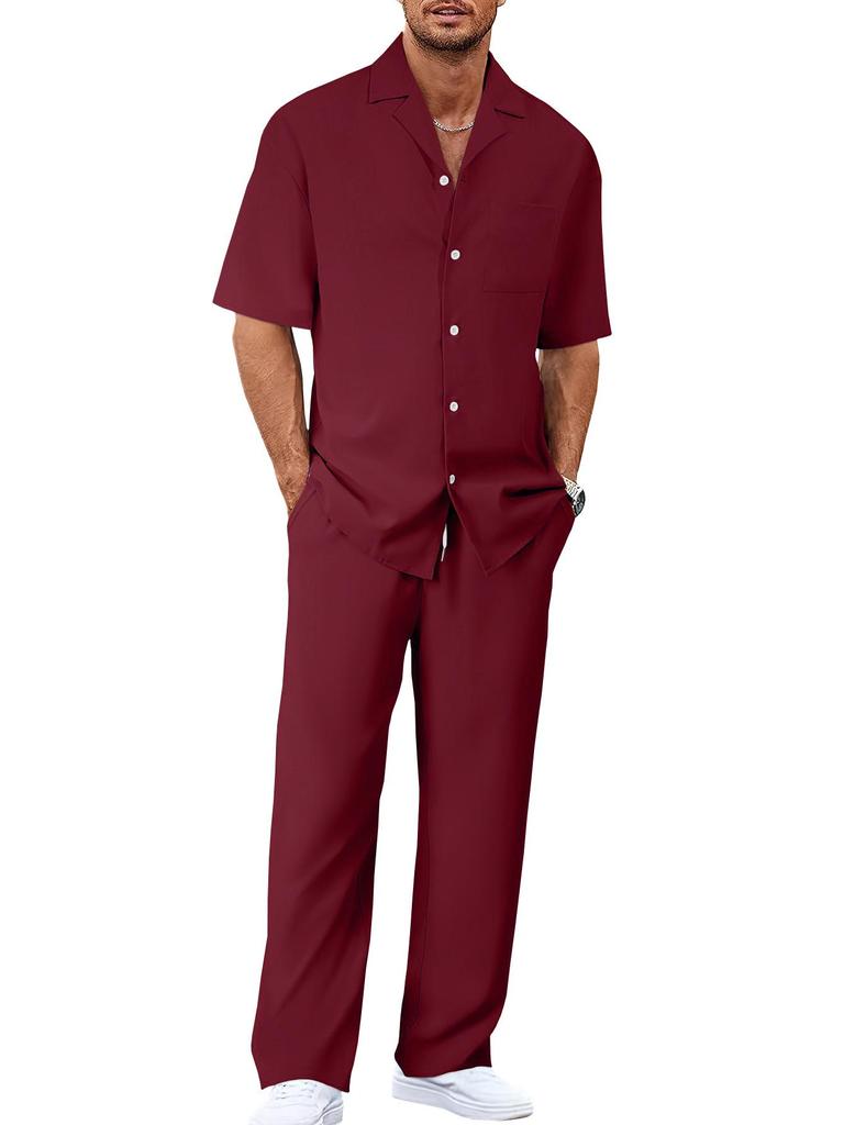 2025 Men's Casual Trendy Set: Turn-Down Collar, Short Sleeves & Long Pants
