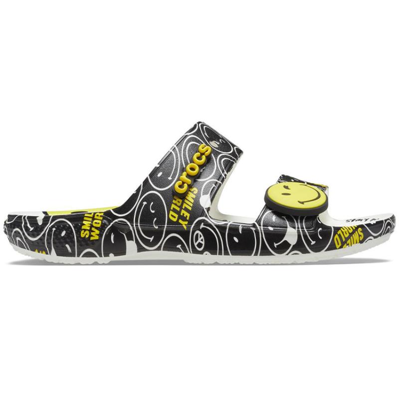 Smiley X Crocs Classic Outdoor Flat Heel Slippers Black and Yellow Unisex