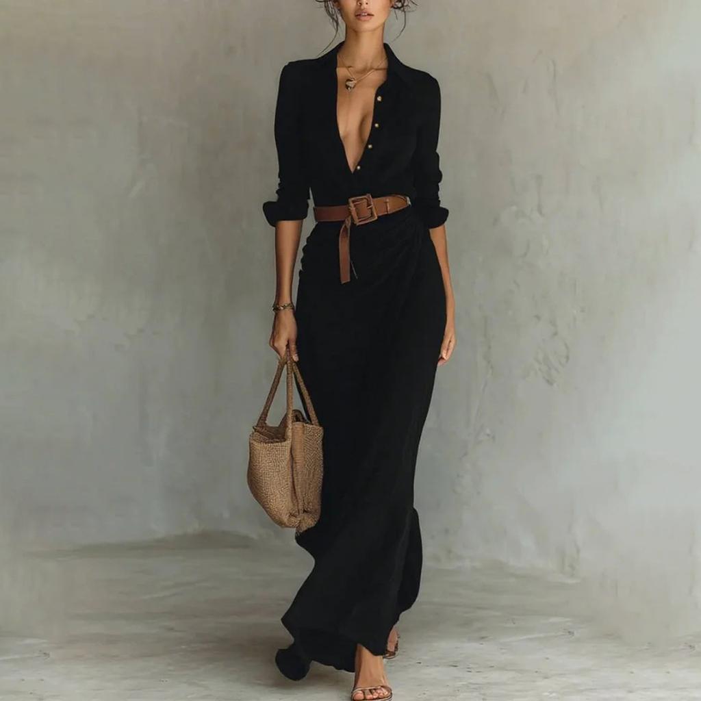 Women's Long Sleeved Color Lapel Button Irregular Pleated Dress With Belt