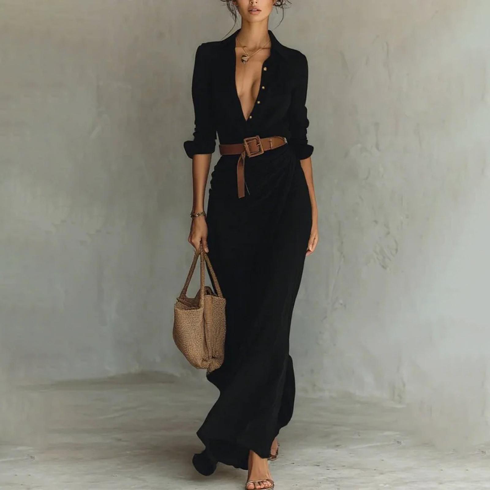 

Women s Long Sleeved Color Lapel Button Irregular Pleated Dress With Belt L чёрный