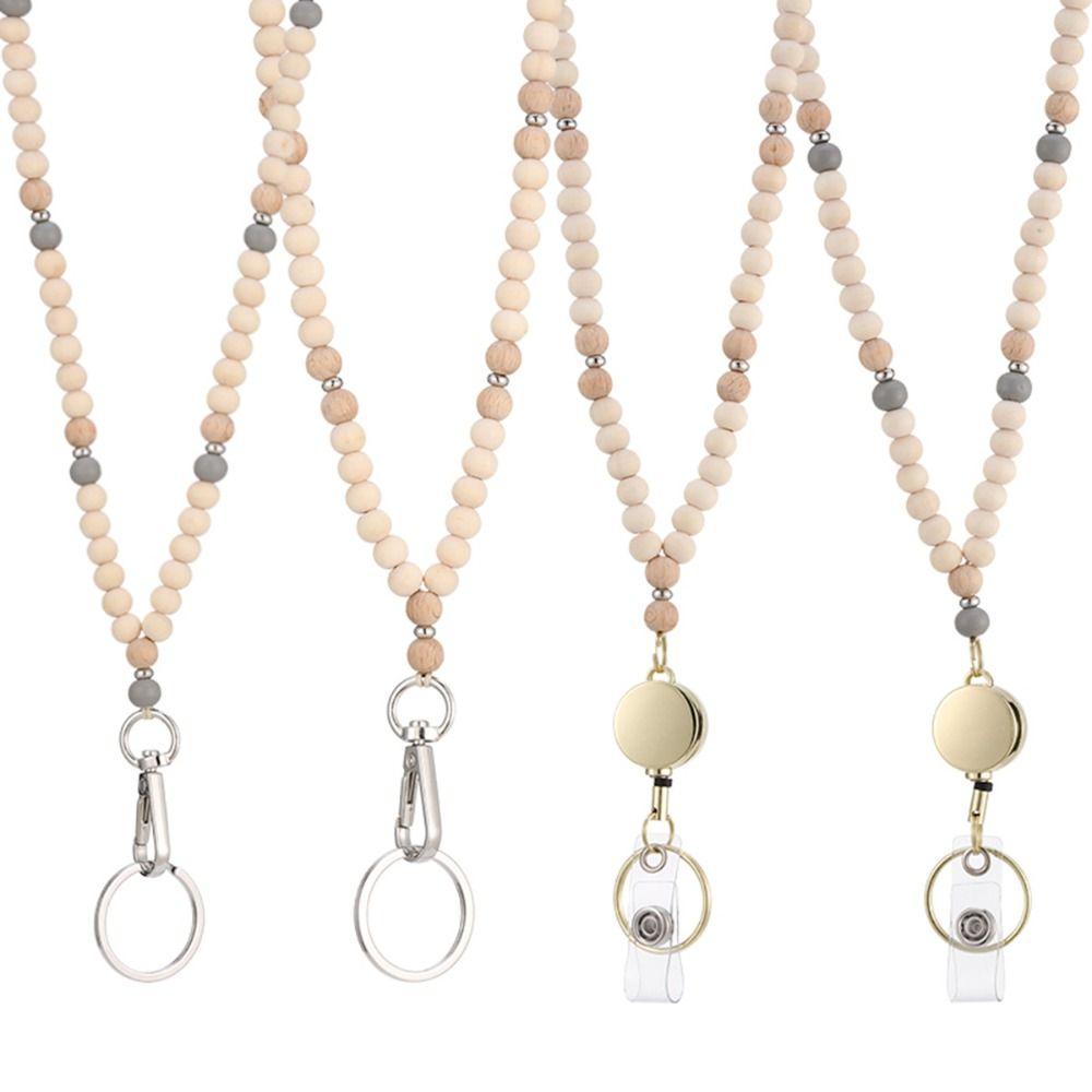 Retractable ID Badge Holder Lanyard Stainless Steel Clasp Bead Teacher Lanyard  Teacher Use