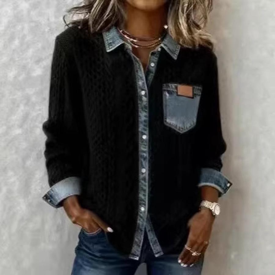 New Wind Knitted Patchwork Denim Shirt Women Autumn Winter Fashion Versatile Long Sleeve Cardigan Jacket