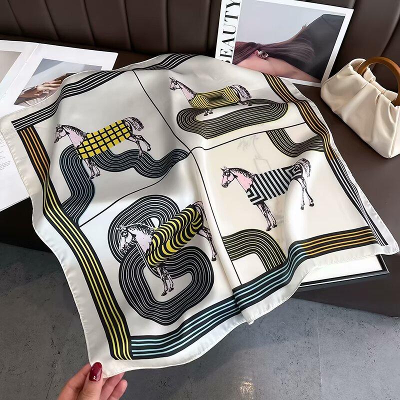 Luxury Silk Shawl Square Scarf Women Horse Satin Hijab Fashion Wraps Neckerchief Female Hair Bands Ribbon Headband Bandana 70CM