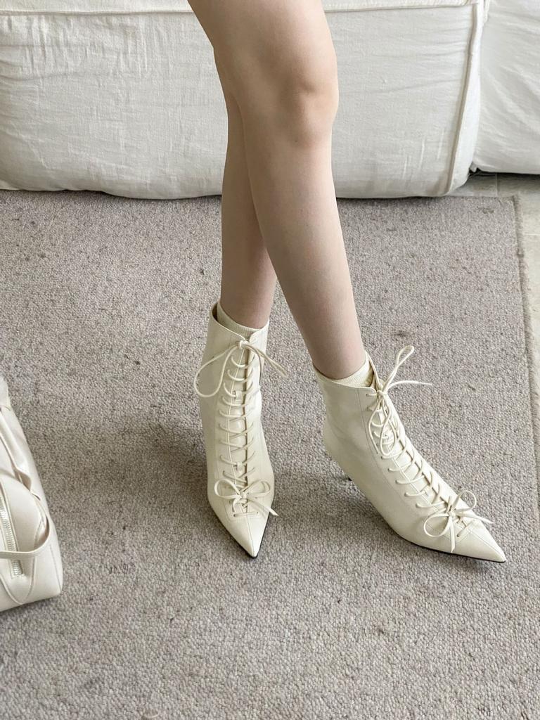 2025 Autumn New European and American Pointed Head Thin Heel High Heel Temperament French Fashion Sexy Lace-up Women's Short Boots