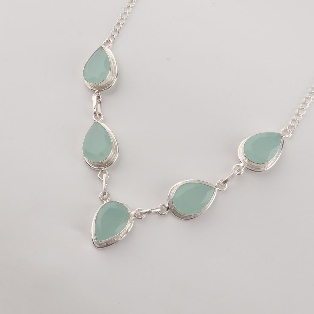 Aqua Chalcedony Gemstone Silver Necklace, 925 Sterling Silver, Statement Necklace For Wedding RN-1-20