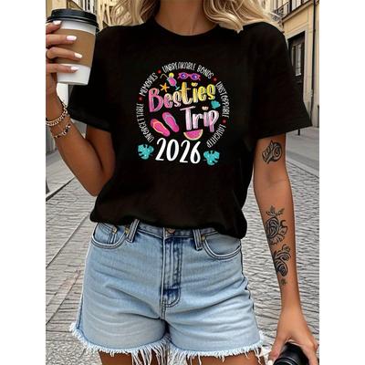 Women's Besties Trip Letter Print Tee Short Sleeve Crew Neck Casual Regular Fit Top