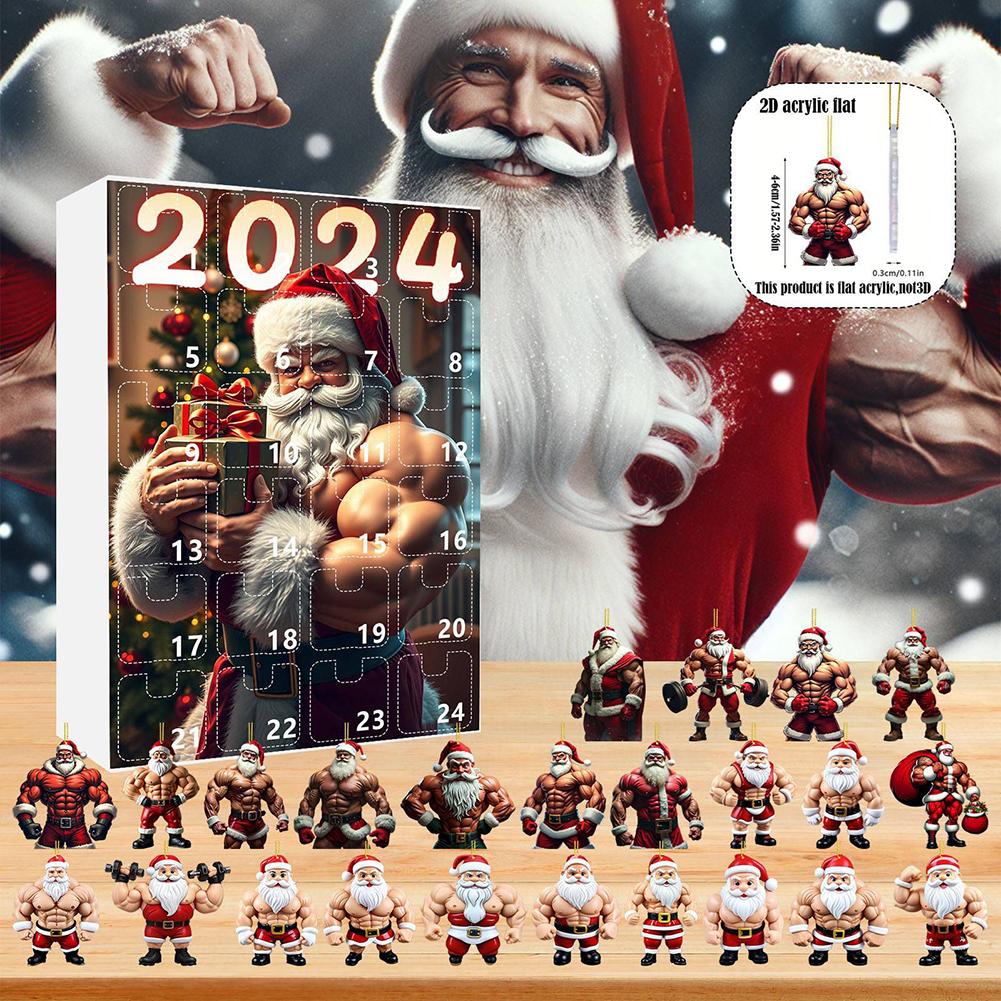 24-dniowy kalendarz odliczający do świąt Bożego Narodzenia Muskularny stary człowiek Kalendarz odliczający do świąt Bożego Narodzenia 2024 z 24 szt. 2D akrylowych wiszących ozdób