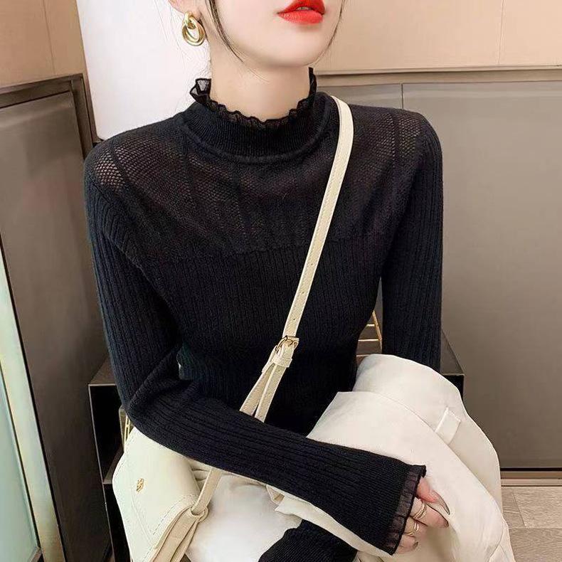 

Базовый свитер с полувысоким воротником для женщин Осень и Зима Кружевной вязаный свитер Облегающий свитер для женщин 3XL чёрный