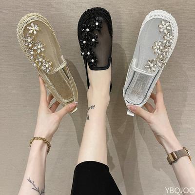 Fashion New Lace Mesh Crystal Floral Loafers Shoes Women Comfort Breathable Summer Walking Shoes Woman Fashion Slip-on Ballet Flats