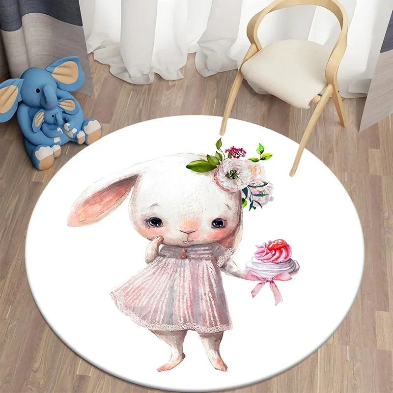 Cartoon Bunny Print Round Carpet Rabbit Area Rugs Circle Carpets for Living Room Floor Mat Polyester Anti-Slip Mats for Children