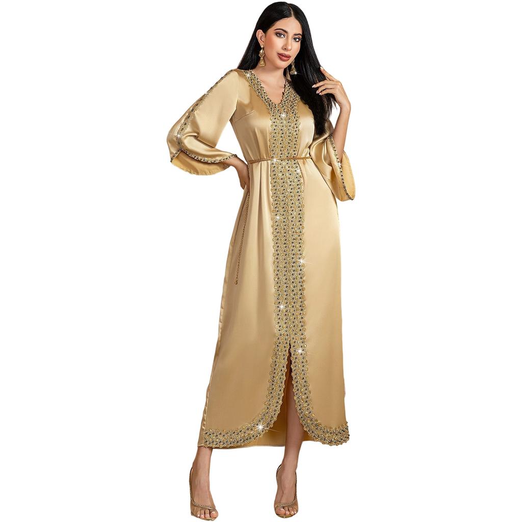 Womens Muslims Abaya Dress V Neck Long Sleeve Abayas Dress Islamic Full Length Kaftan Daily Casual Dress Gifts