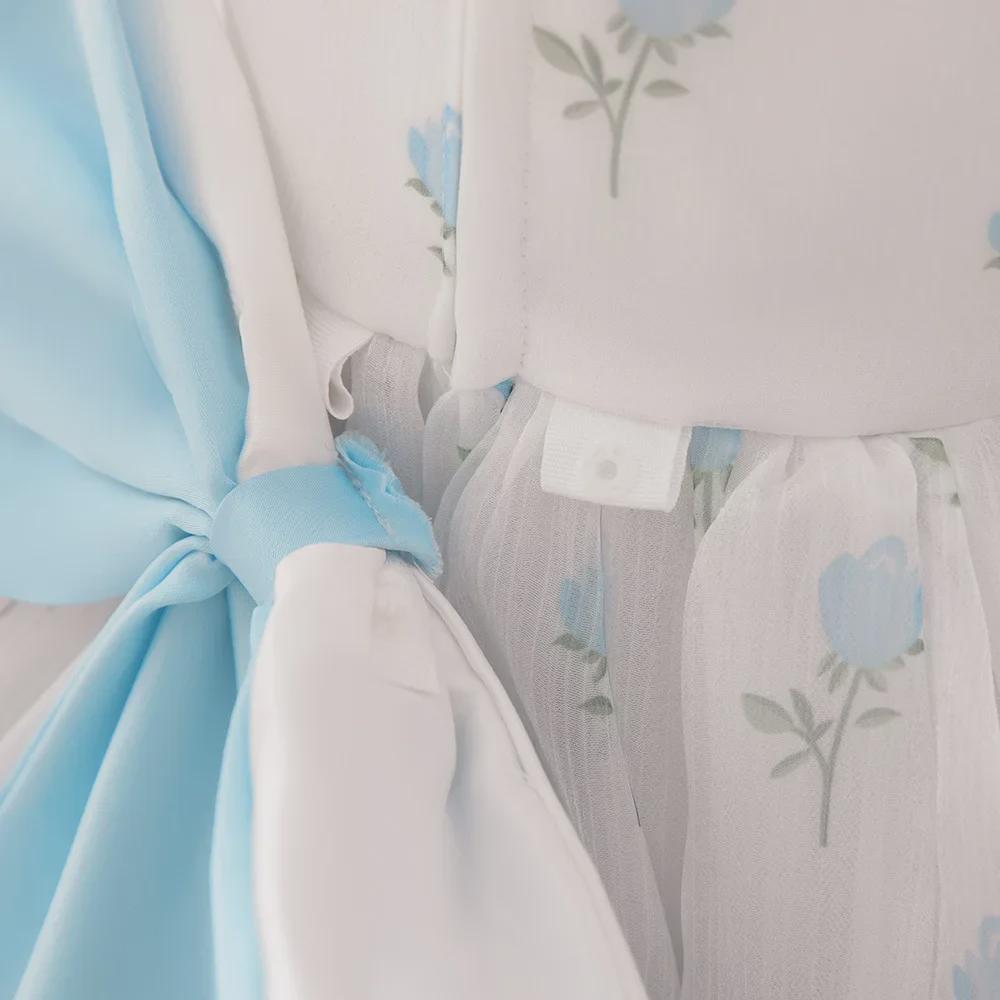 Flower Girl Princess Dress with Puff Sleeves and Floral Mesh Tulle Skirt for Weddings and Birthdays