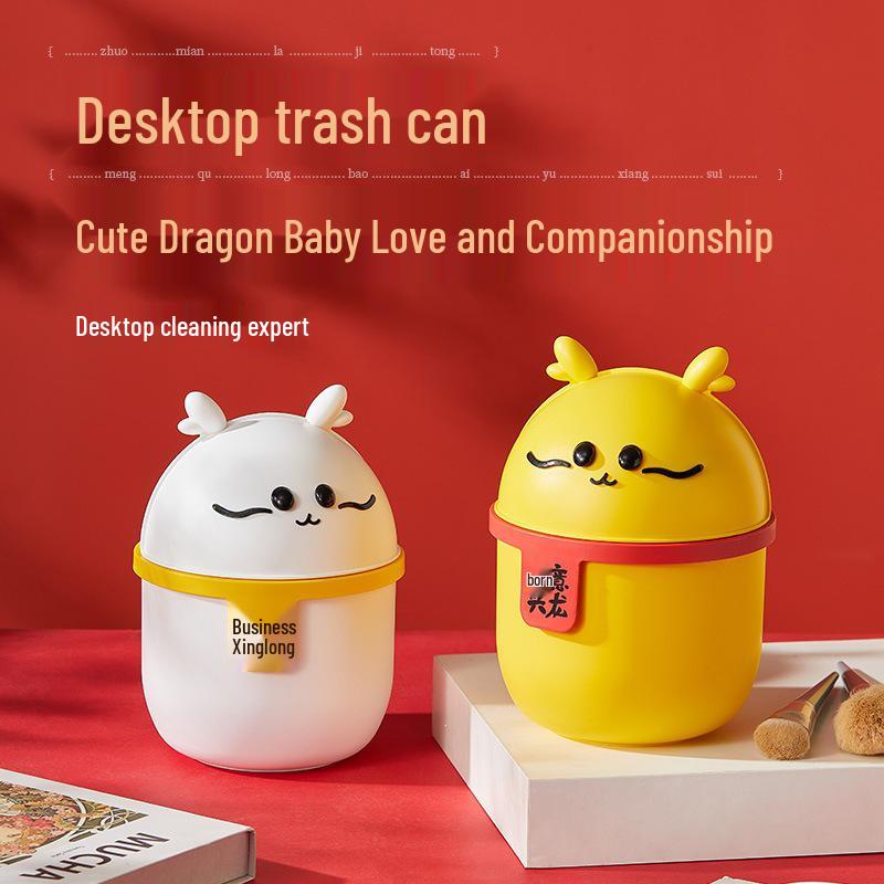 Cartoon Dragon Desktop Trash Can with Lid - Plastic Sundries Storage for Home or Office