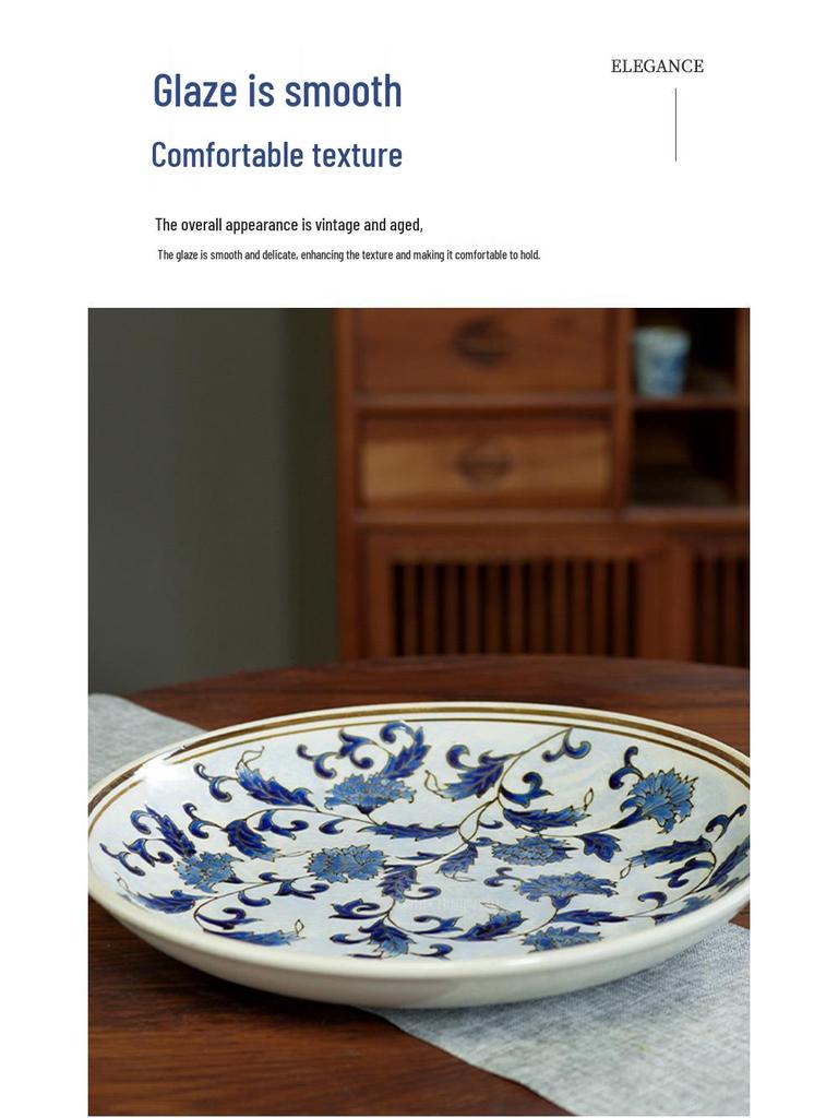 Blue and White Linglong Deep Ceramic Plate - High-End Retro Tea Tray Dish for Home Use
