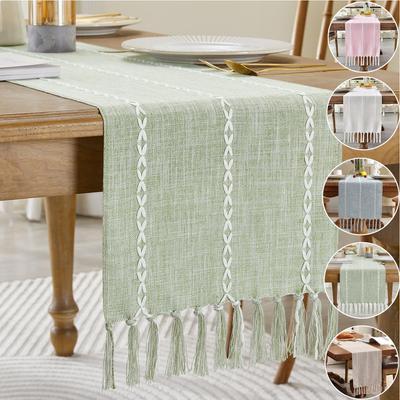 Party, Dresser Decor and Dining Room Decorations Rustic Cotton Linen Table Runner  with Hand-Tassels