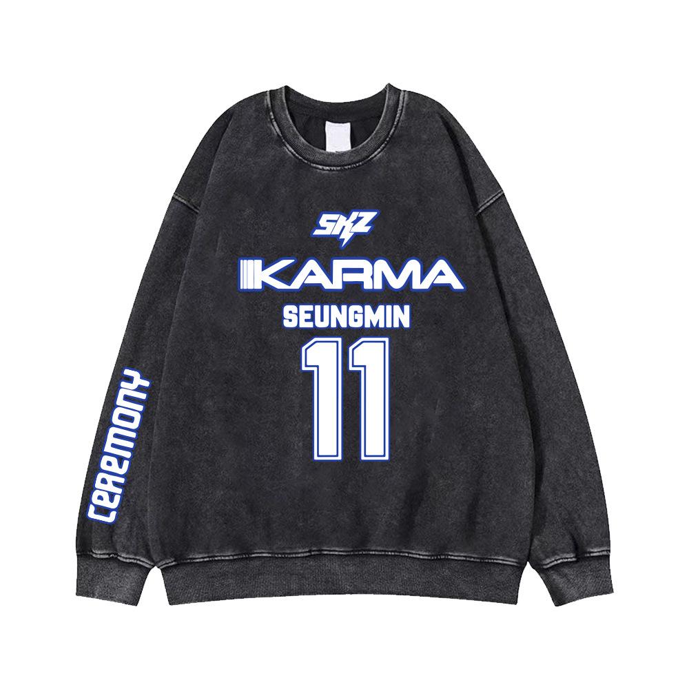 Stray Kids SKZ Karma Crewneck Sweatshirt Kpop Merch Member Name Number Print Vintage Pullover Casual Streetwear Unisex Long Sleeve Tops for Fans
