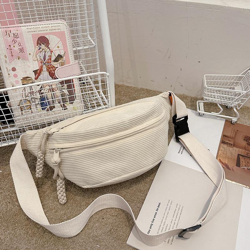 Casual Korean Style Cotton Corduroy Crossbody Bag With Zipper Closure For Daily Use