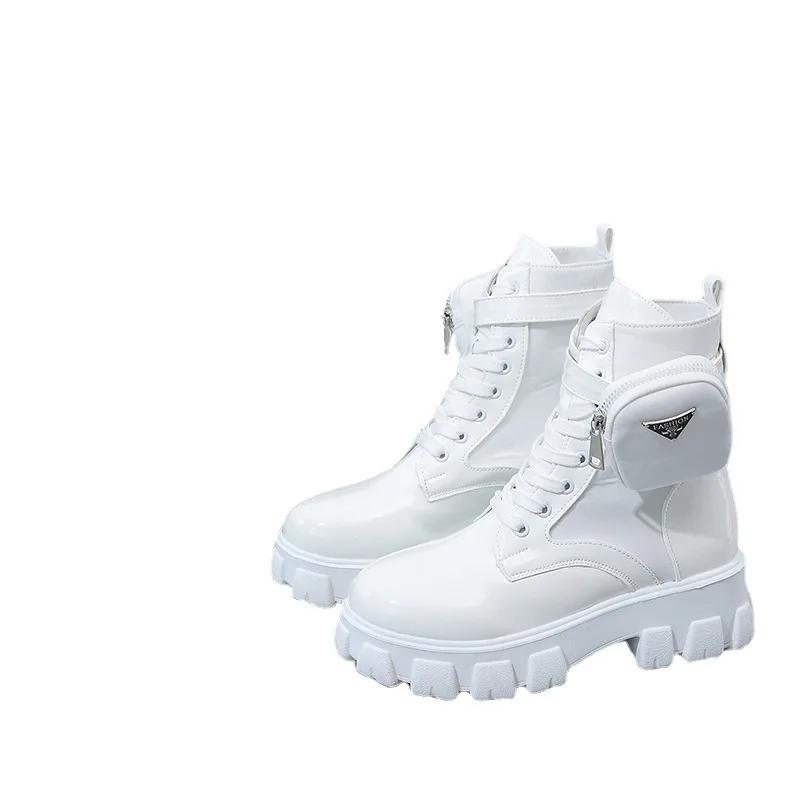 Women Boots New In Motorcycle Ankle Boots Wedges Female Lace Up Platforms White Black Leather Oxford Shoes Women Boots