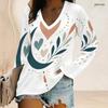 Women Plus Size V Neck Long Sleeve White Star Moon Printed Top Curved Hem With Pockets
