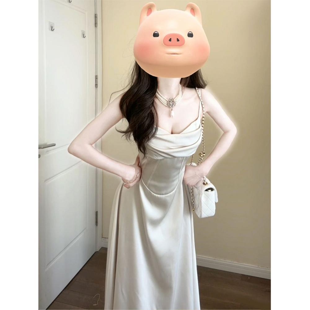 Temperament Satin Swing Neck Suspender Dress, Summer New Slim-fitting Waist Slim Dress Skirt
