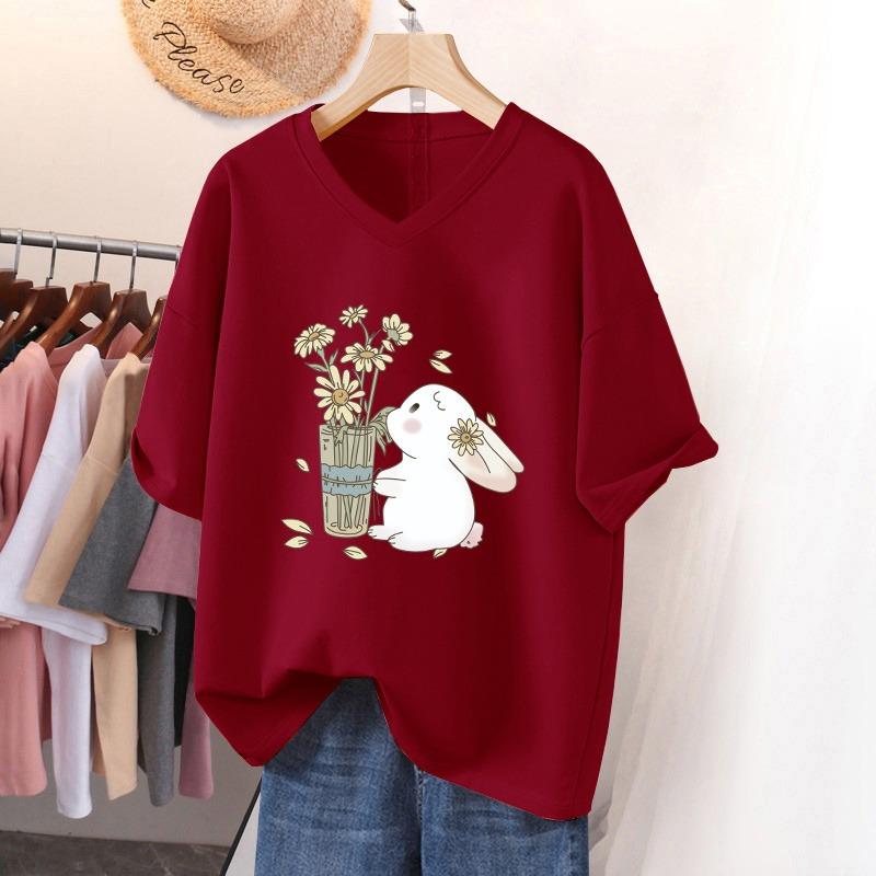 Dámské tričko s krátkým rukávem, volného střihu, zeštíhlující top s potiskem a výstřihem do V