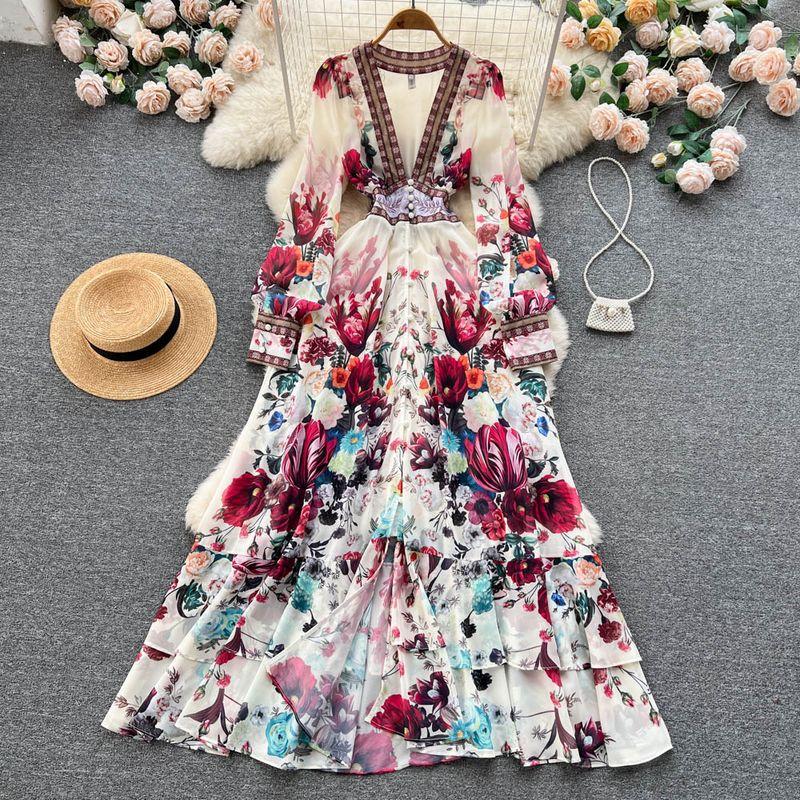Palace Style Elegant Slim Looking Dress Printed Mesh