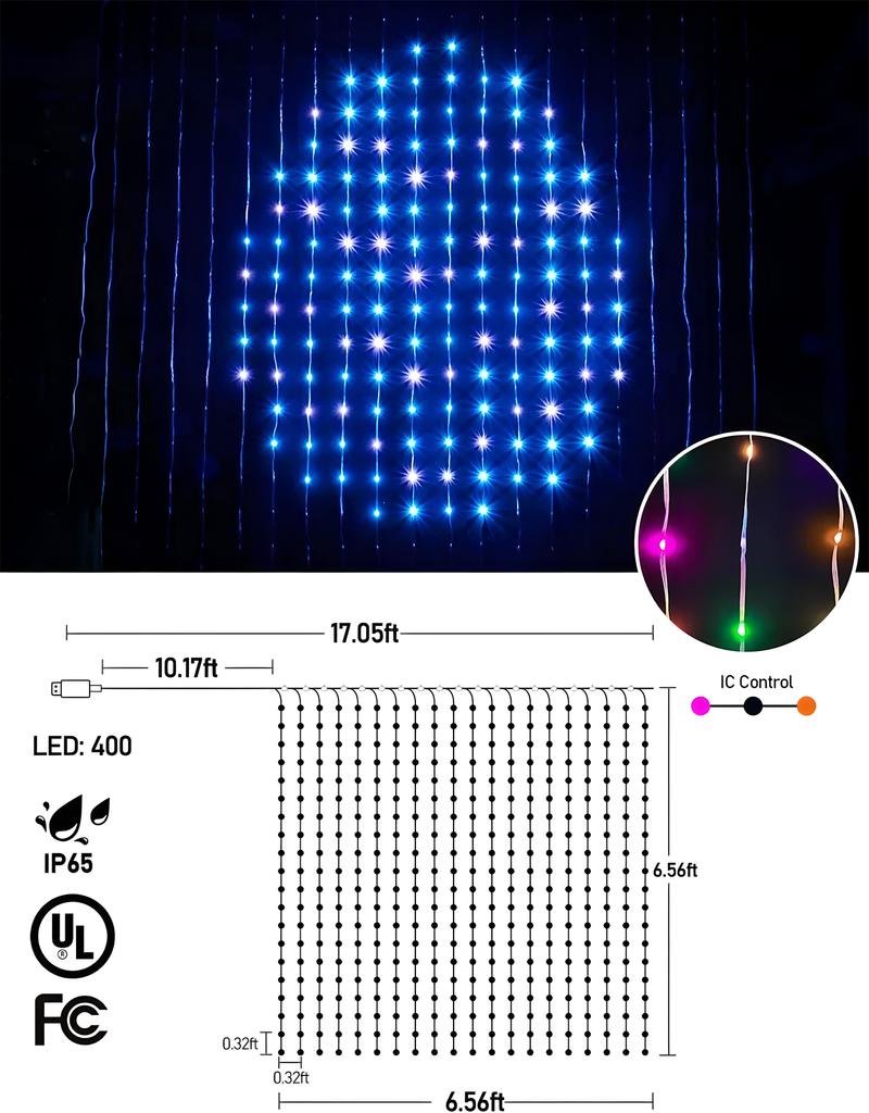 400LEDs USB Led Smart Curtain Lights Bluetooth App Led String RGBIC Fairy Lights DIY Picture Text Lighting Party Christmas Decor