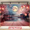 2D Night Cherry Blossom Lake Pavilion Tapestry for Chinese New Year Festival Decoration