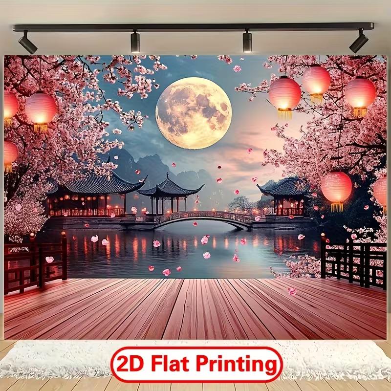 2D Night Cherry Blossom Lake Pavilion Tapestry for Chinese New Year Festival Decoration