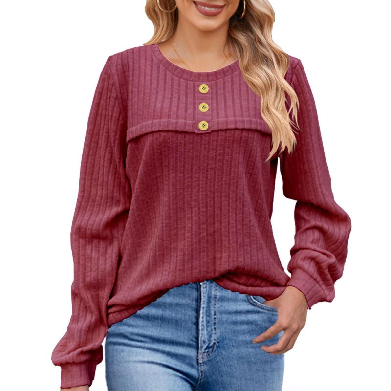 YYFS Women's Fashion Casual Spring Fall Solid Color Print Long Sleeve O-Neck Blouses & Shirts