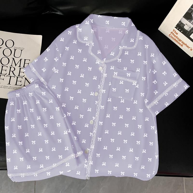 French Ice Silk Pajamas Women'S Summer Printing Loose Short-Sleeved Cardigan Loungewear Two-Piece Set Can Be Worn Outside