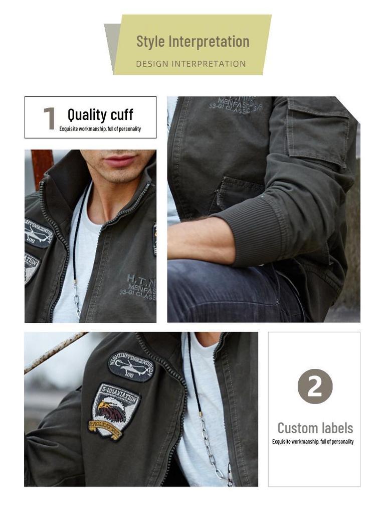 Frühling/Herbst 2025 Herren Militärstil Air Force One Jacke - Stehkragen, Reine Baumwolle, Große Größen, Freizeit