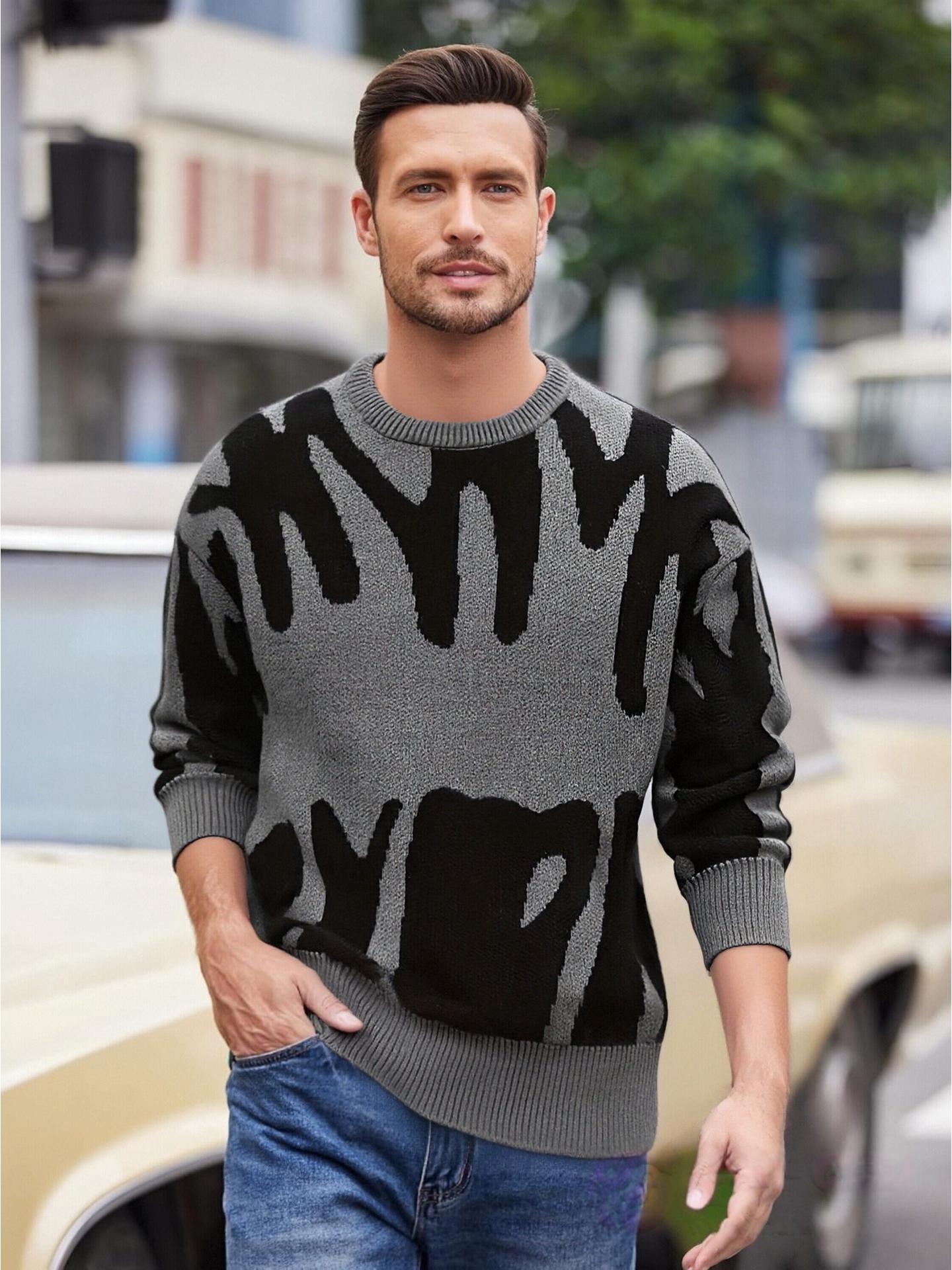Spring 2026 Unisex Color-Block Sweater: Gray Indigo, Round Neck, Drop Shoulder Knitwear M