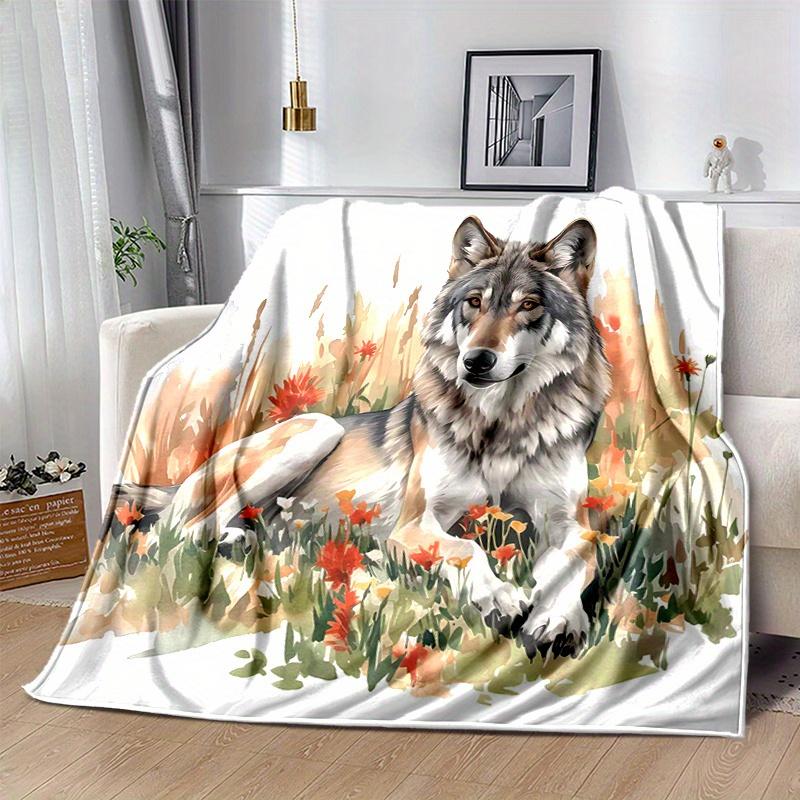 1pc Wild Wolf Amidst Autumnal Wildflowers Blanket  Cartoon Throw for Home Decor, Gift Idea, Room Decoration, Living Room, Travel, Camping