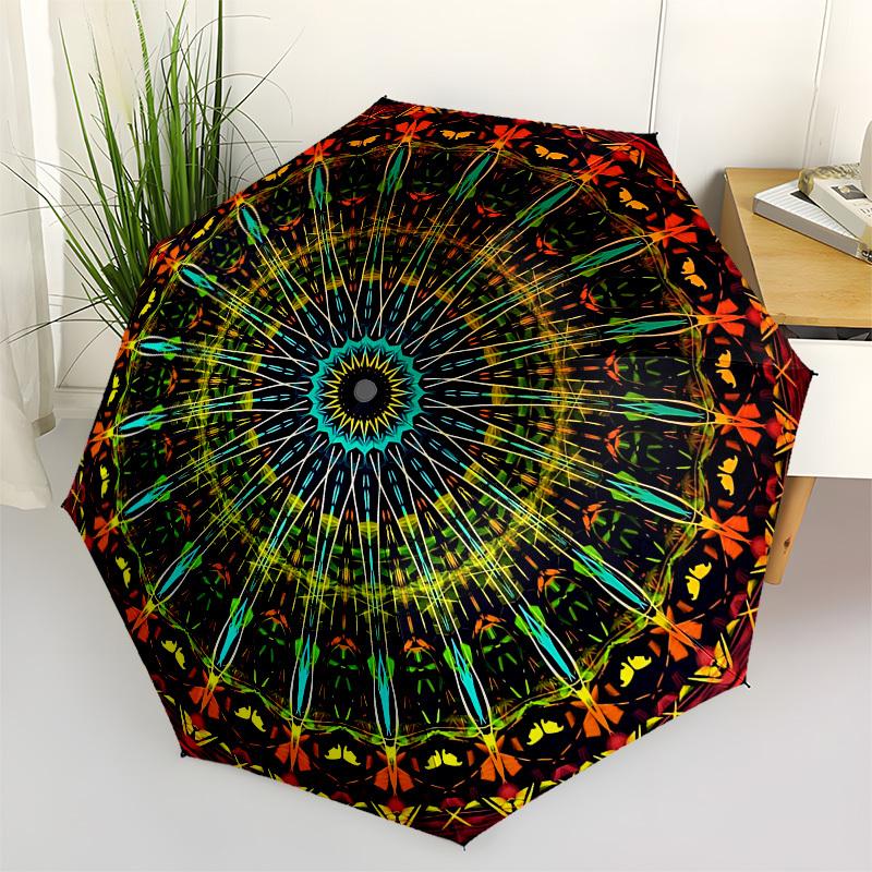 1 Stück Automatischer Faltregenschirm mit Kaleidoskop-Muster, Tragbares faltbares Design, 8-Speichen-Eisenrahmen, Outdoor-Accessoire yy250905086