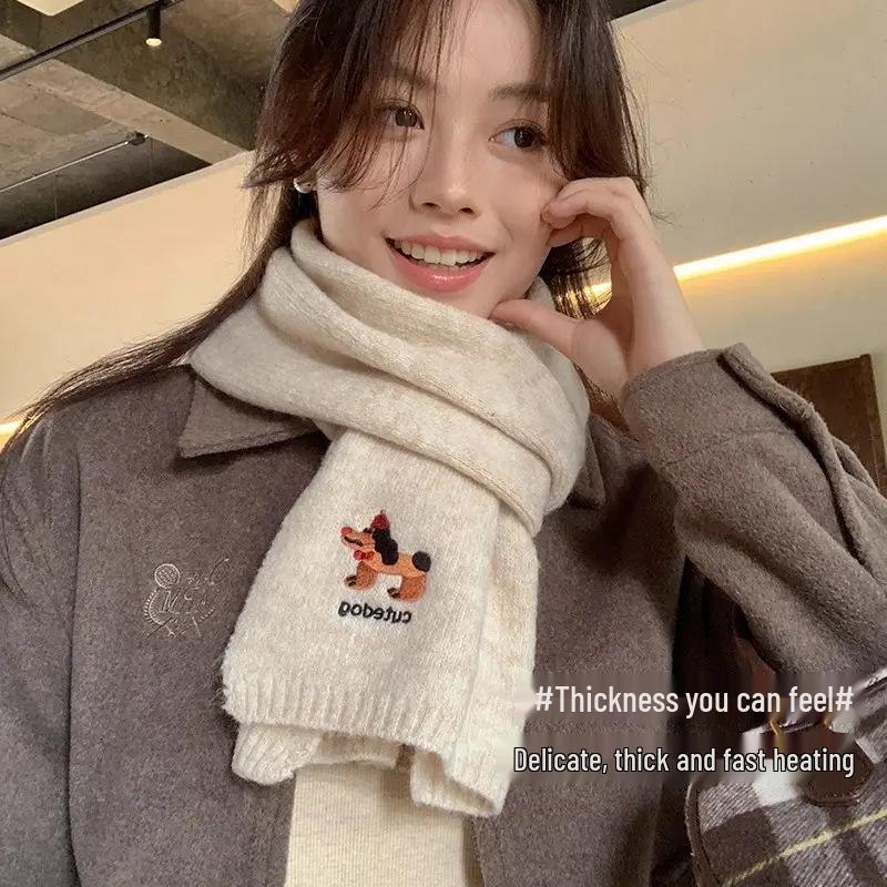 Japanese-Style Women's Knitted Scarf - Puppy Embroidery, Korean College Style, Warm Winter Neck Warmer