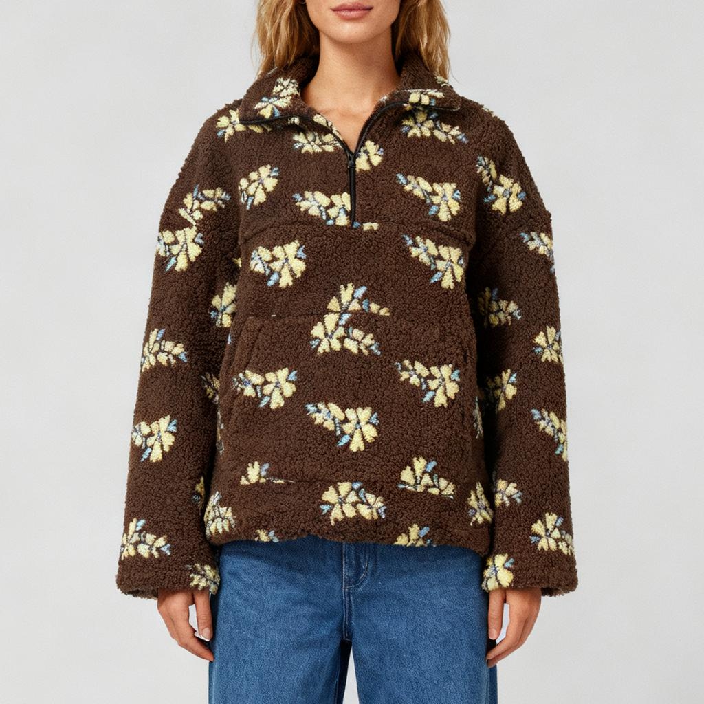 Damenmode Rundhals Langarm Niedlich Blume Locker Reißverschlusstasche Warm Kapuzen-Sweatshirt Top