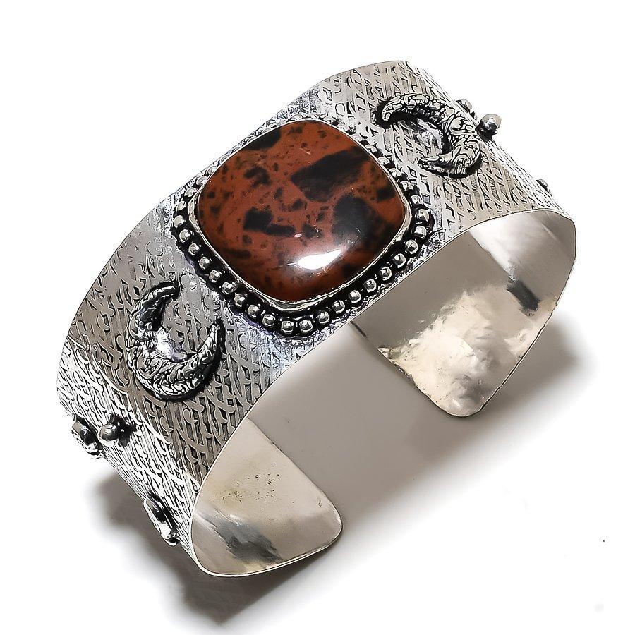 

Натуральный драгоценный камень обсидиан из красного дерева, стерлинговое серебро 925 пробы, браслет-манжета, регулировка. Е5т92