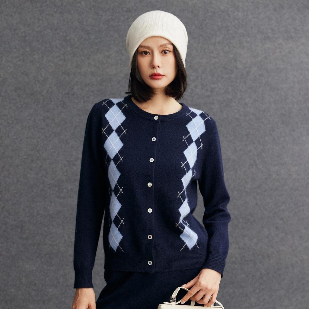 Cardigan en tricot cachemire pour femme à col polo diamant anti-âge