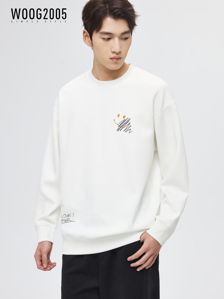 Men's White Embroidered Round Neck Hoodie - Spring/Autumn 2025, Slightly Loose Fit, Long Sleeve