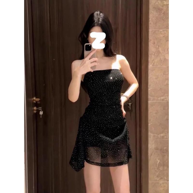 Black polka dot tube top dress for women's summer off-the-shoulder pure desire, sexy high-end temperament, waist and thin a-word short skirt