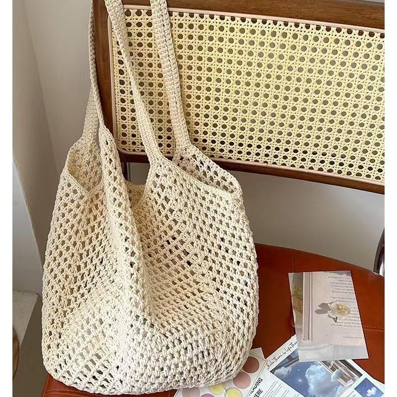 

Chic Woven Bag Casual Large Capacity Cotton Thread Cut Out Straw Bag Idle Style Shoulder Beach Bag Holiday Women s Bag White + small bag