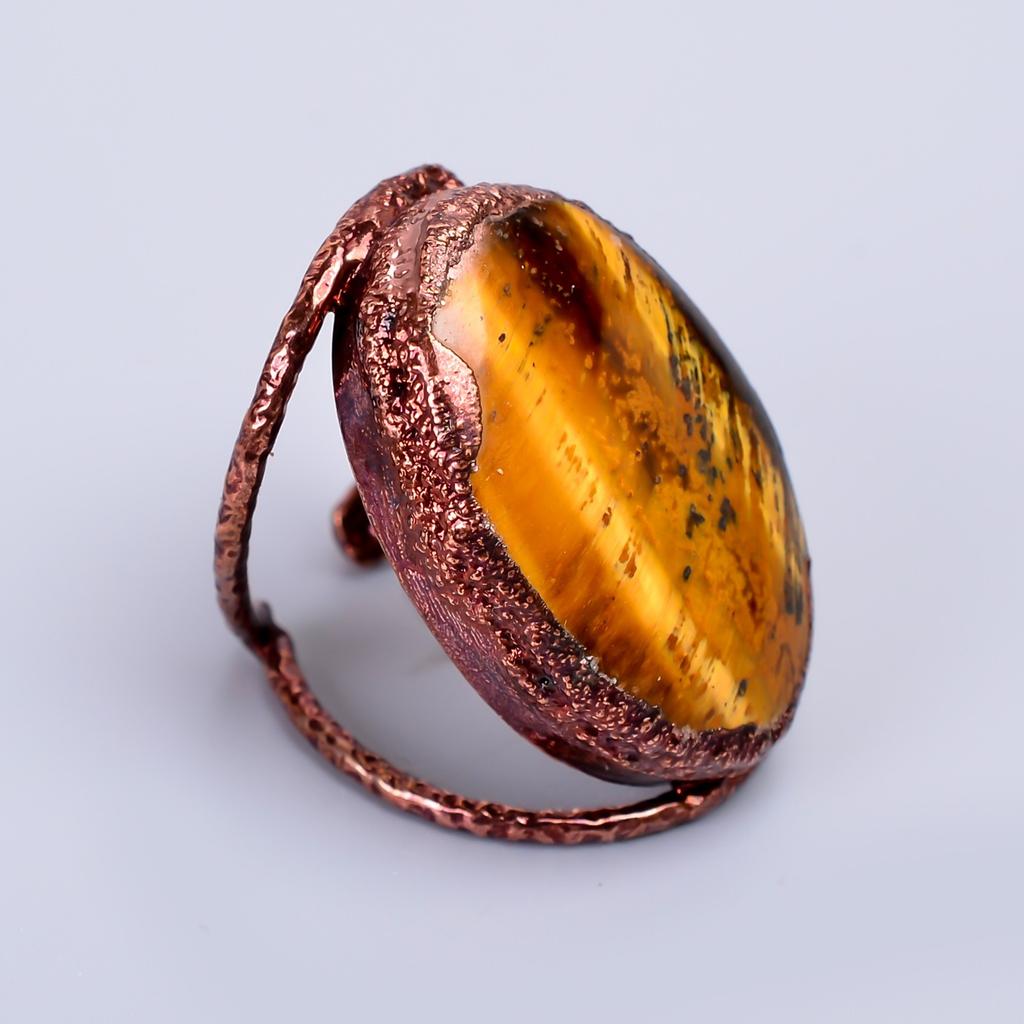 Tiger Eye Stone Eternity Electroformed Sacral Chakra Sisters Gift Ring Copper V-68