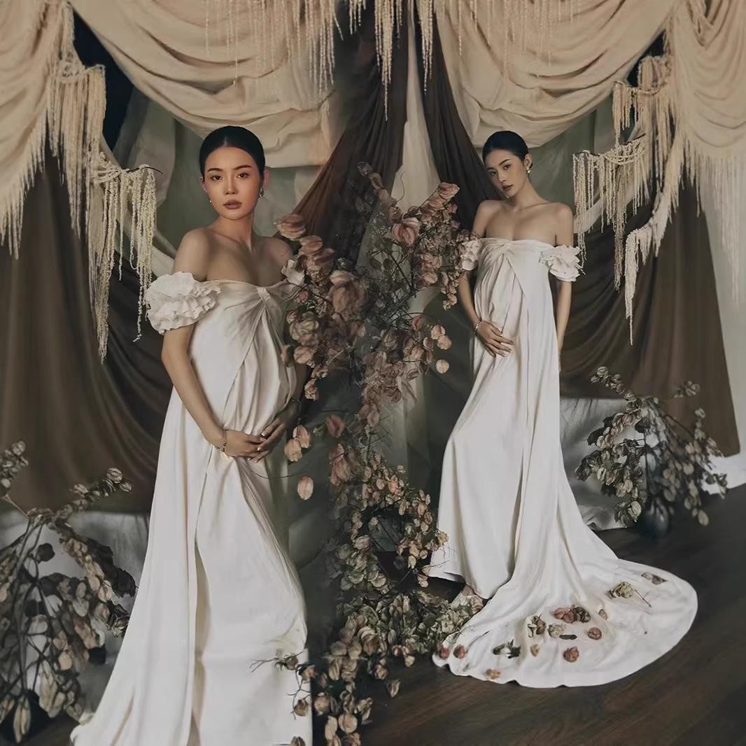 French White Maternity Gown for High-End Retro Oil Painting Style Photography One Size