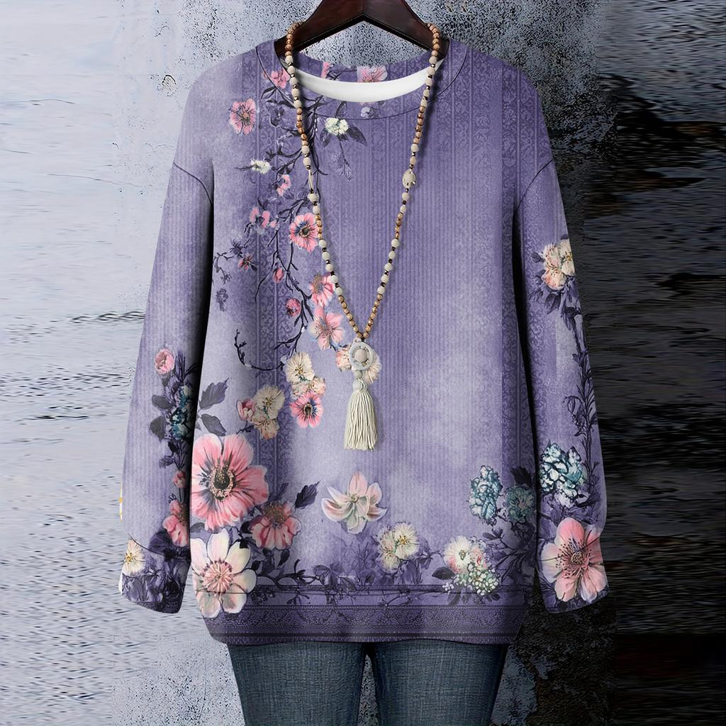Women's Floral Print Round Neck Long Sleeved T-shirt Sweatshirt Top