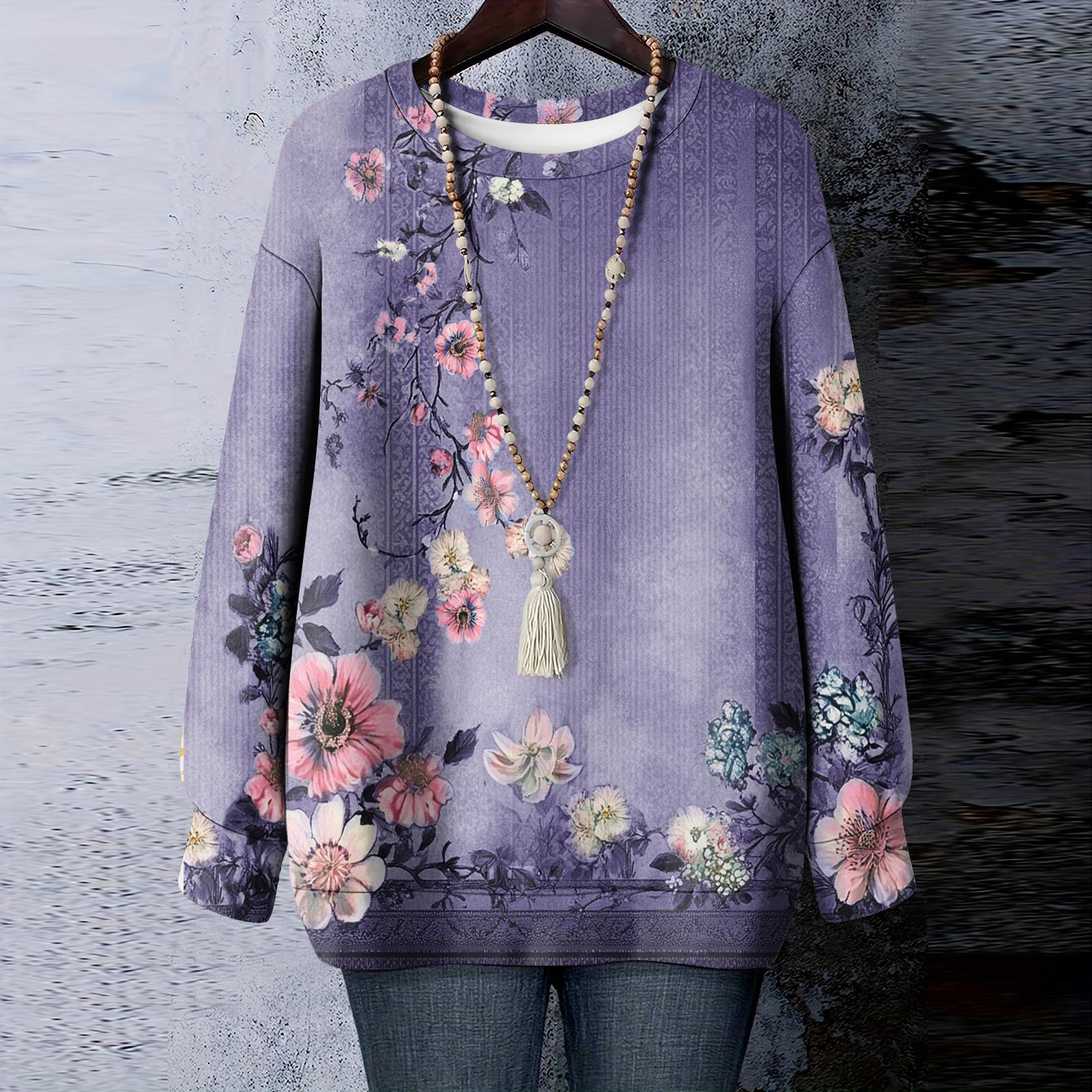 

Женская футболка с цветочным принтом, круглым вырезом и длинными рукавами, свитшот XL фиолетовый