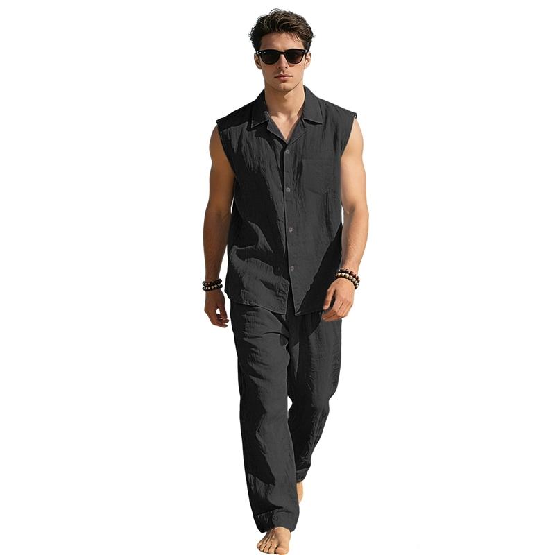 Summer Men Linen Matching Outfit Sleeveless Lapel Button Front Pocket Shirt Elastic Drawstring Straight Leg Trousers Breathable Casual Two Piece Suit