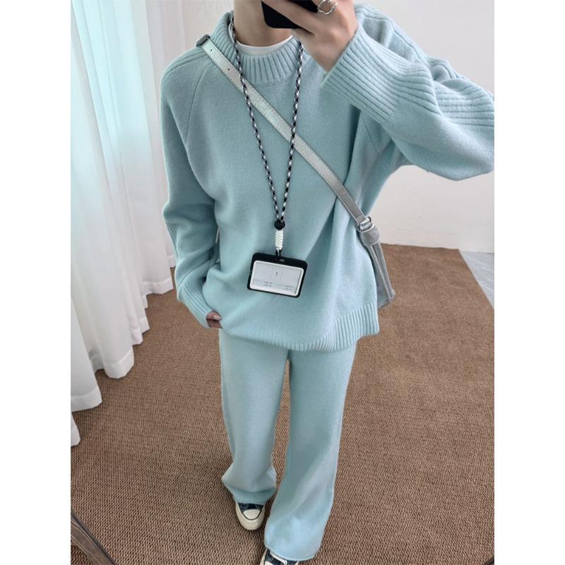 Crew Neck Fashion Suit Autumn and Winter New Lazy Style Casual Wide-leg Trousers Top Knitted Sweater Two-piece Set