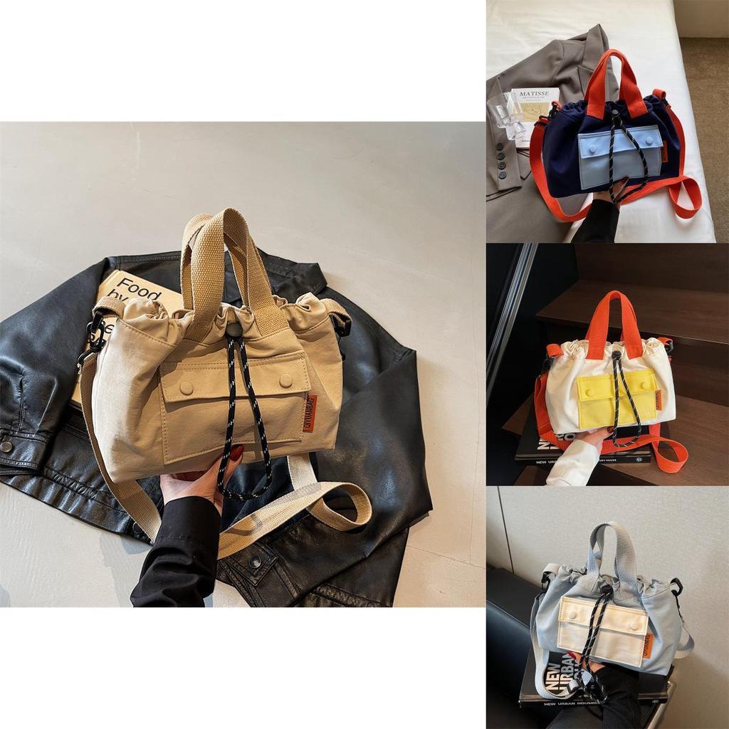 Fashion Color Blocking Design Neutral Drawstring Canvas Shoulder Crossbody Bag For Casual Girls Daily Use