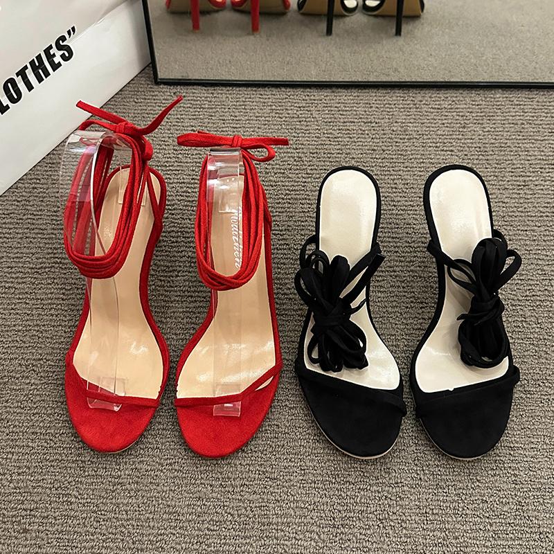 Fashion Women's Shoes Summer Network Red Lace-up Sandals Women Pintoe Stiletto Sexy Heels